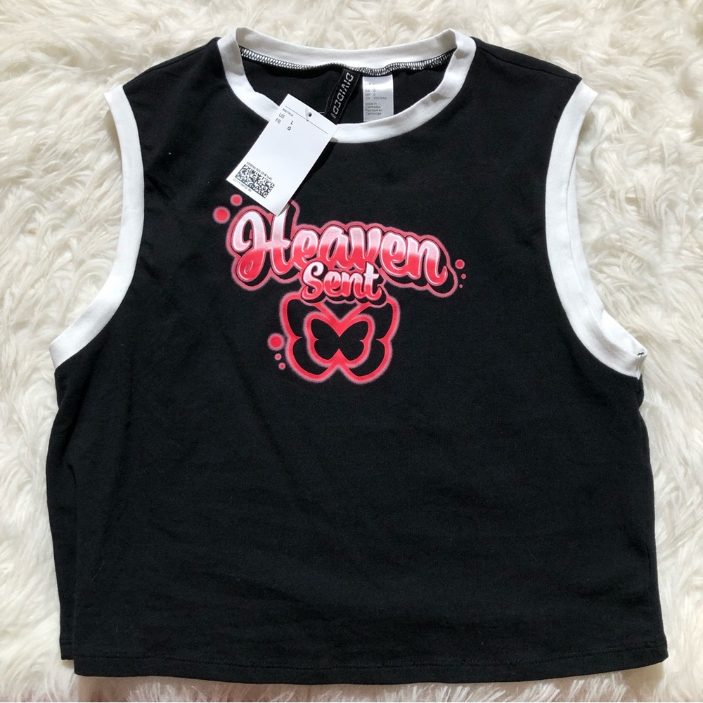 H&M graphic tank Large L black pink crop tops spring summer casual shirt butterf